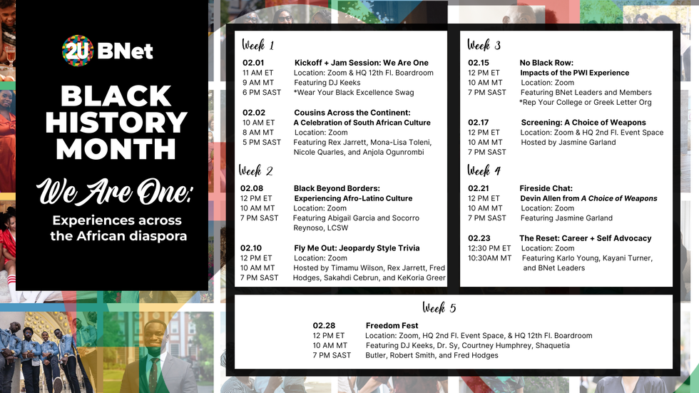 An informative graphic on the 5 week Black History Month program on Experiences across the African dispora by 2U