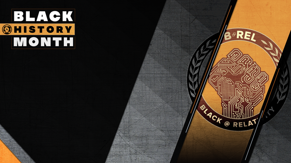 Black and orange graphic with the text "Black @ Relativity" and "Black History Month"
