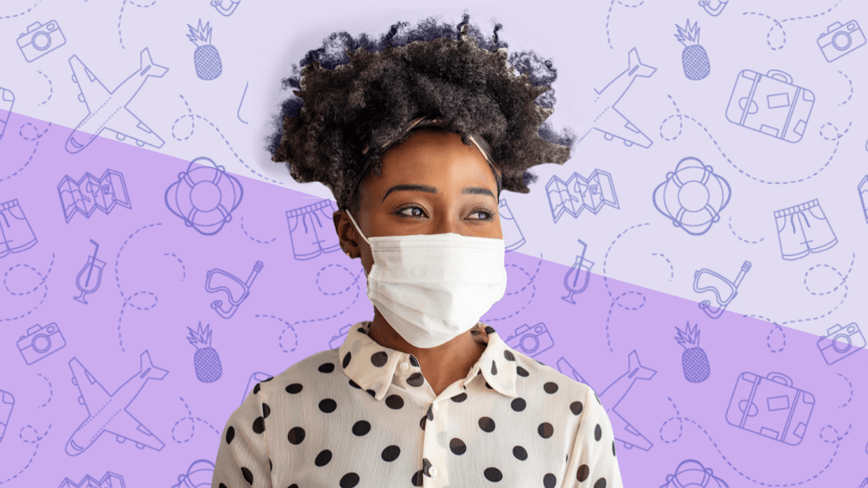Black woman in a mask in front of a purple background with travel icons.