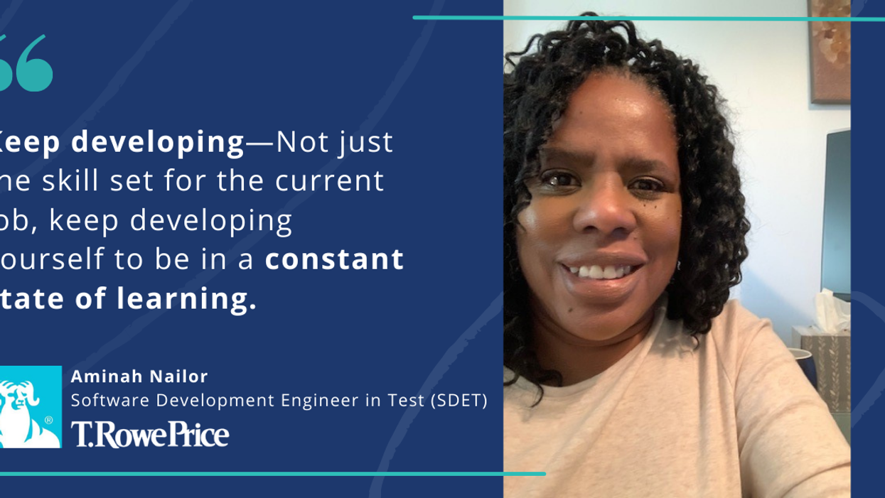 Blog post banner with quote from Aminah Nailor, SDET at T. Rowe Price