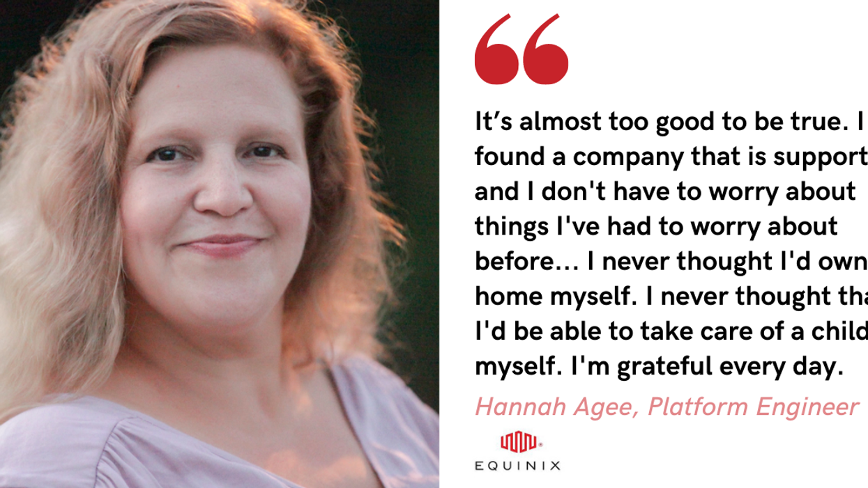Blog post banner with quote from Hannah Agee, Platform Engineer at Equinix
