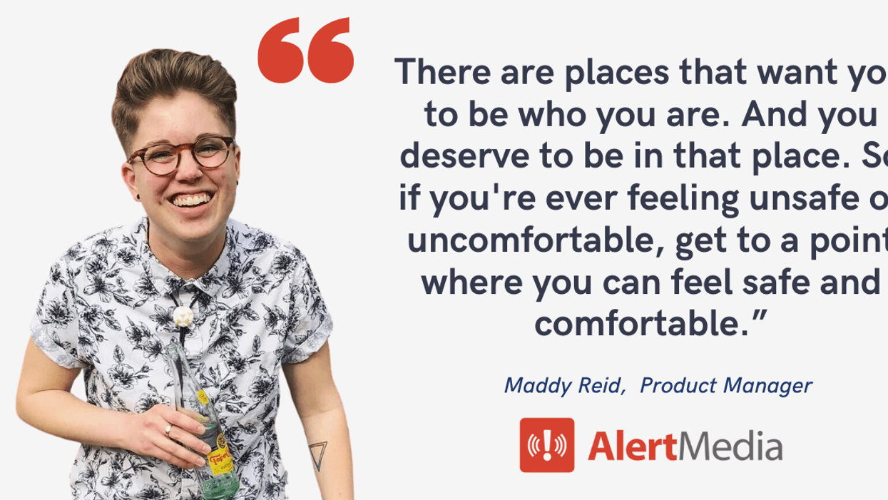 Blog post banner with quote from Maddy Reid, Product Manager at AlertMedia