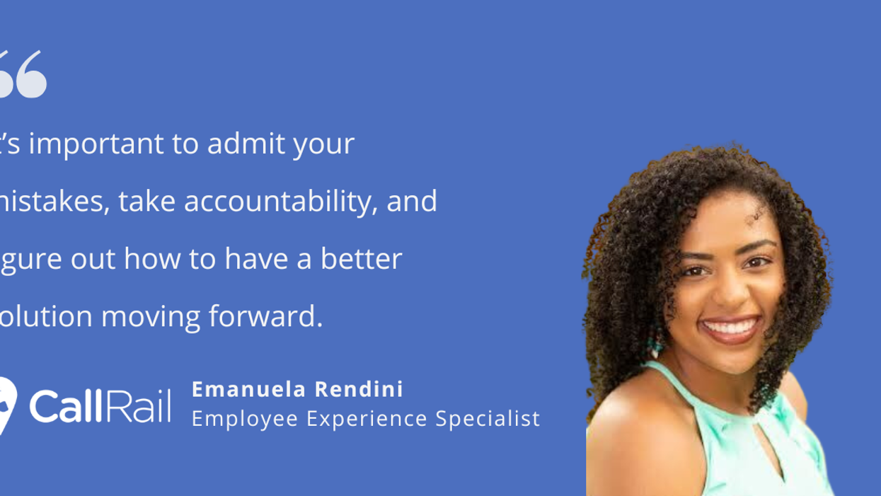 Blue/Purple quote tile with the white call rail logo, an image of Emanuela Rendini, and a quote that reads, "It's important to admit your mistakes, take accountability, and figure out how to have a better solution moving forward. Emanuela Rendini is an Employee Experience Specialist at CallRail.