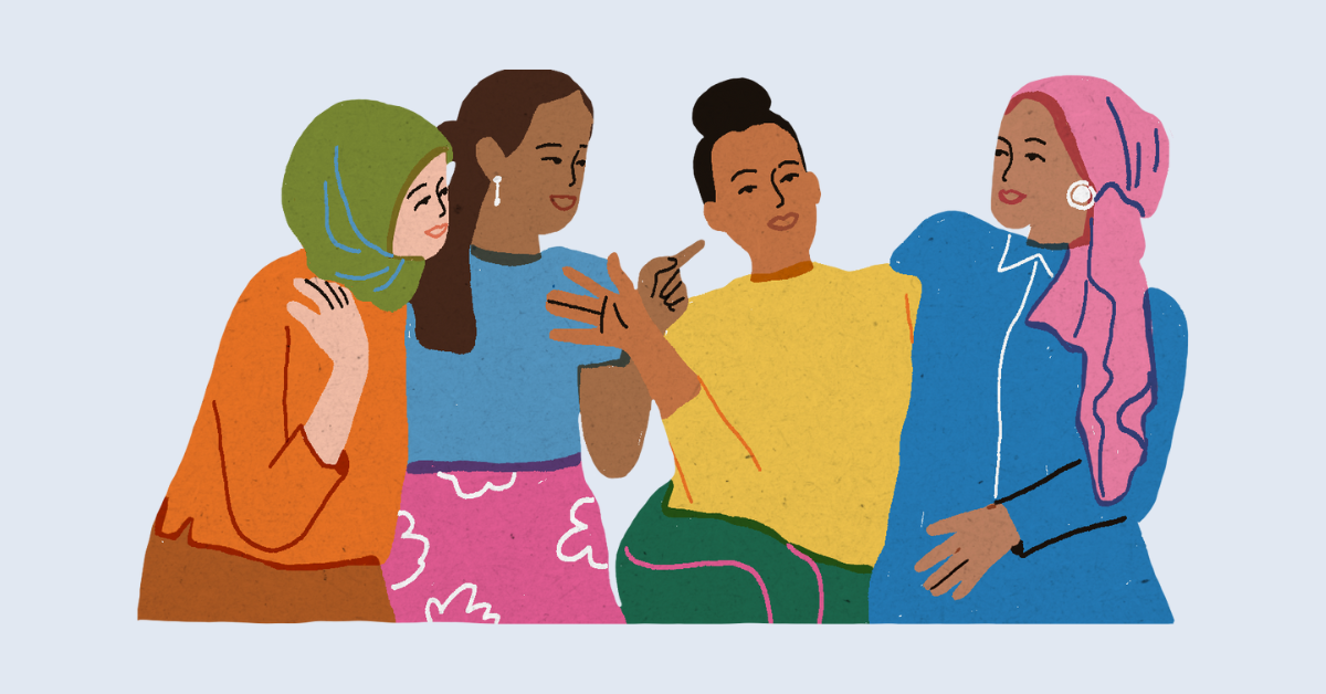 Cartoon image of a group of diverse coworkers discussing equity vs. equality in the workplace