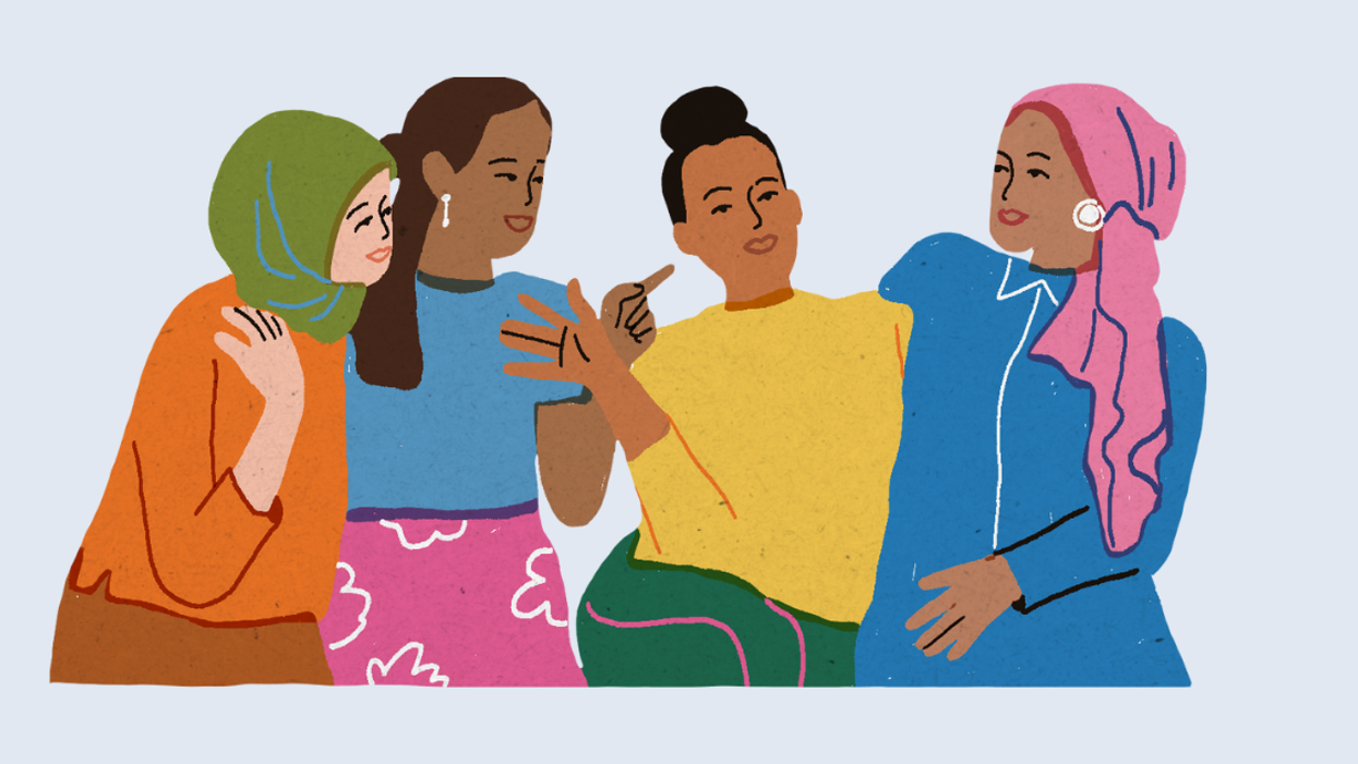 Cartoon image of a group of diverse coworkers discussing equity vs. equality in the workplace