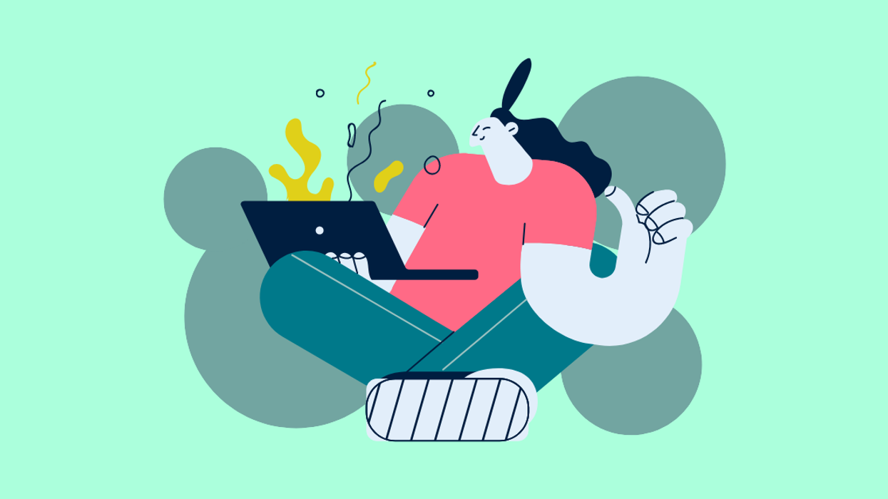 Cartoon image of a woman writing a diversity and inclusion statement on her laptop