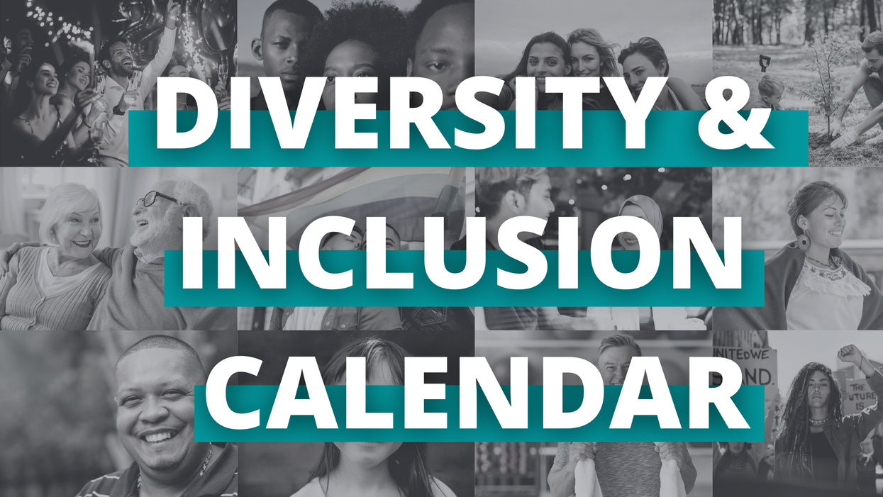 Diversity and Inclusion Calendar in white text with black and white photos of people