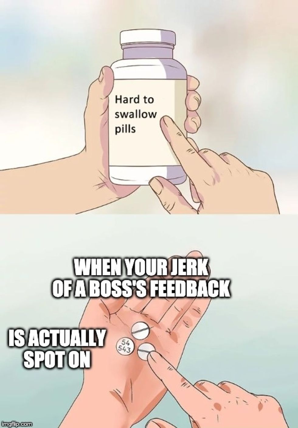 Hard To Swallow Pills boss meme: WHEN YOUR JERK OF A BOSS'S FEEDBACK IS ACTUALLY SPOT ON
