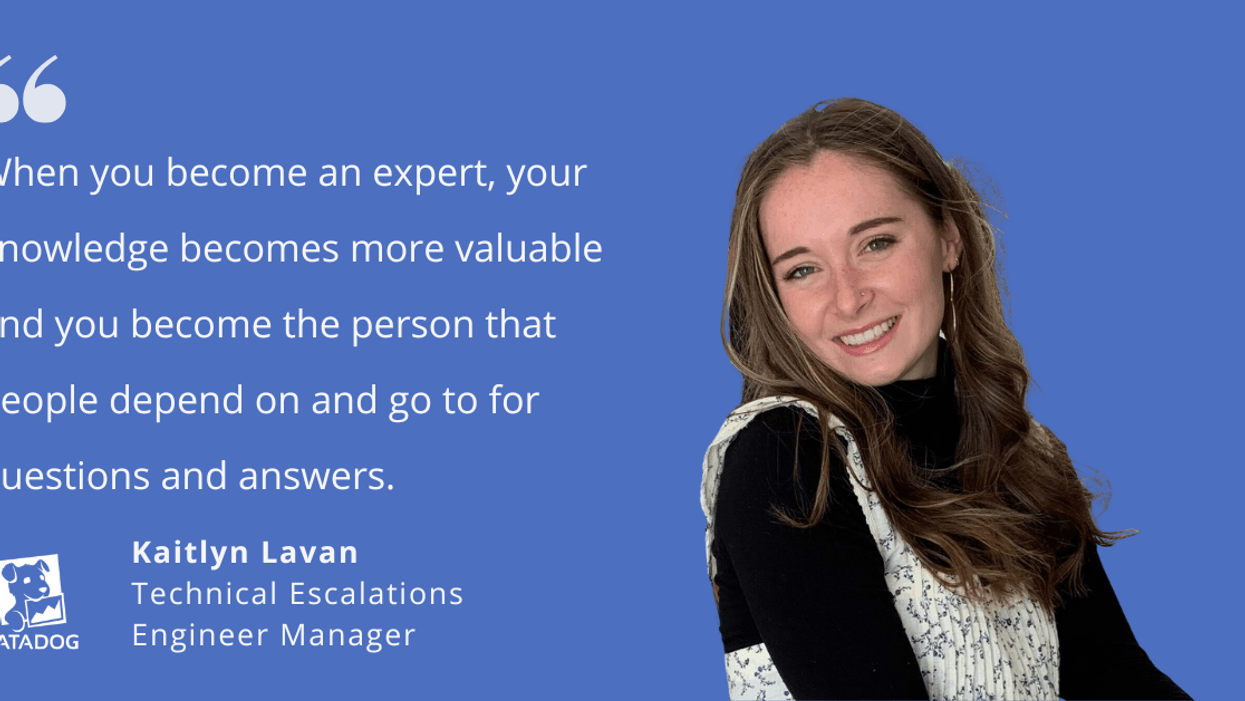 Kaitlyn Lavan photographed smiling on a blue background with white font that reads "When you become an expert, your knowledge becomes more valuable and you become the person that people depend on and go to for questions and answers."