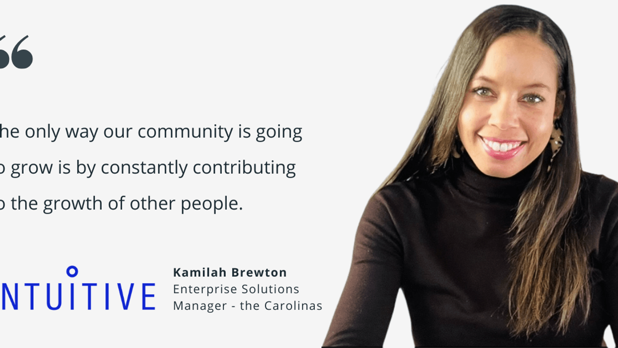 Kamilah Brewton is pictured smiling on a white background with a quote in black text that reads, "The only way our community is going to grow is by constantly contributing to the growth of other people."