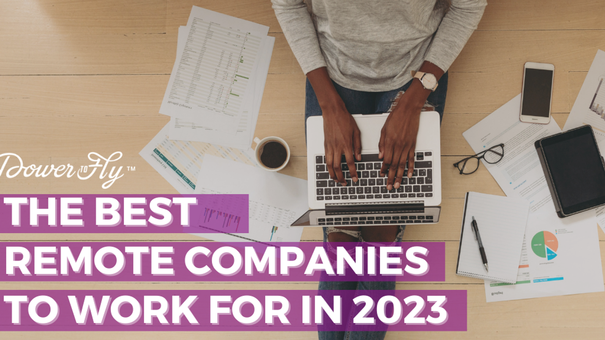 Person on floor with computer in lap and work contents around them, the white text with a purple highlight reads The Best Remote Work Companies to Work for in 2023.