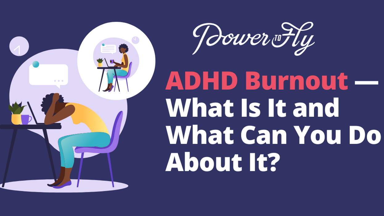 Purple rectangle with cartoon woman upset at work imagining being organized with white and pink text