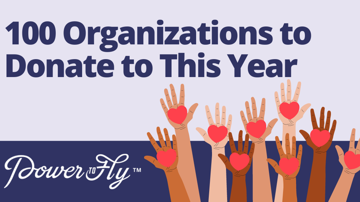Purple text that reads 100 organizations to donate to this year with the image of raised hands that have hearts in the palm