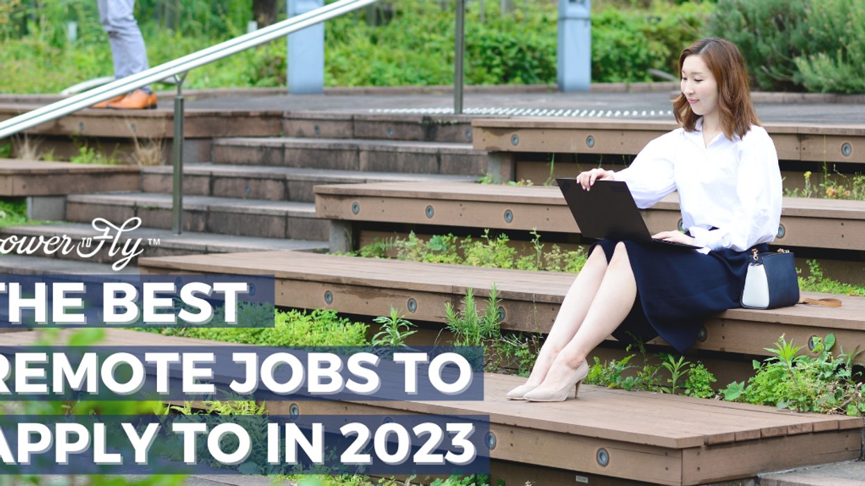 White PowerToFly Logo and text that reads "The Best Remote Jobs to Apply To in 2023" with a woman working remotely outside