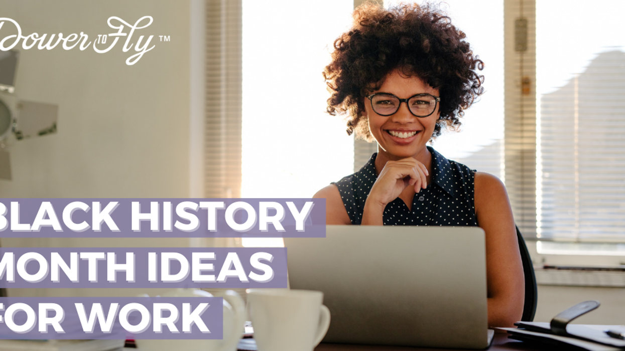 White text on a purple background that reads, Black History Month Ideas for Work. A woman is smiling sitting at her computer loooking for Black History Month ideas for work .