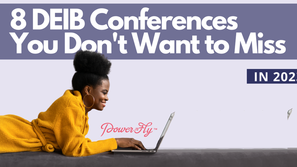 White text that reads 8 DEIB Conferences you don't want to miss in 2023 with a woman laying down, typing on her computer inside a purple square