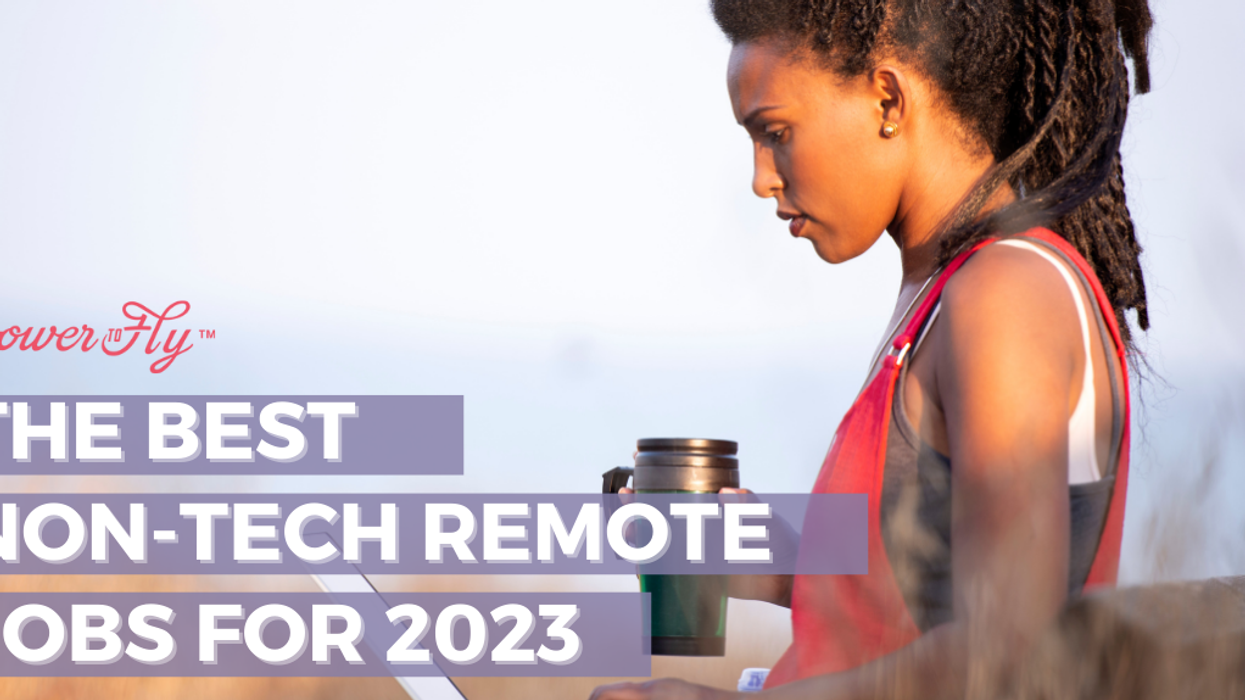 Woman sitting outside working remotely holding a coffee with white text that reads, "The best non-tech remote jobs for 2023"