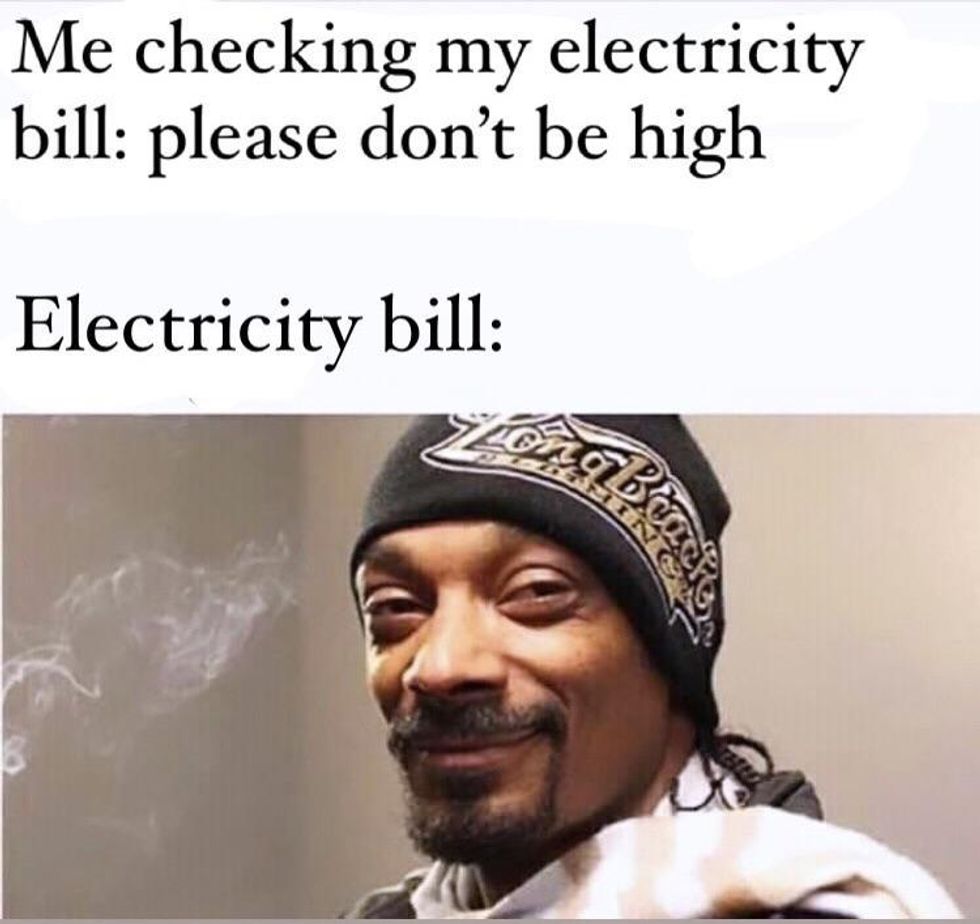 work from home meme captioned "me checking my electricity bill: please don't be high" Electricity bill: photo of Snoop Dogg with smoke in bottom right hand corner,