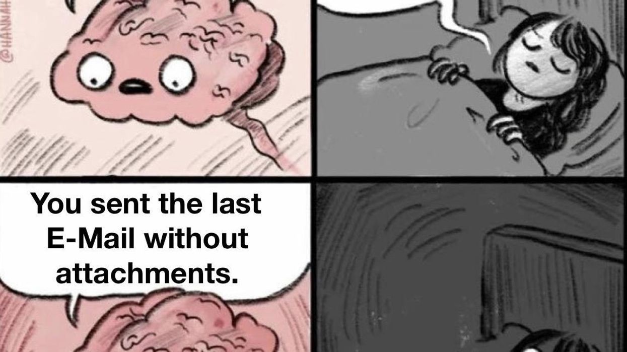 work from home meme with four quadrants. First is a brain saying "are you going to sleep?" Second is a person saying "yes, done for today. All deliverables sent. Now shut up." third is brain saying, "you sent the last email without attachments." the fourth is the person in bed with eyes wide open staring at the ceiling in panic.